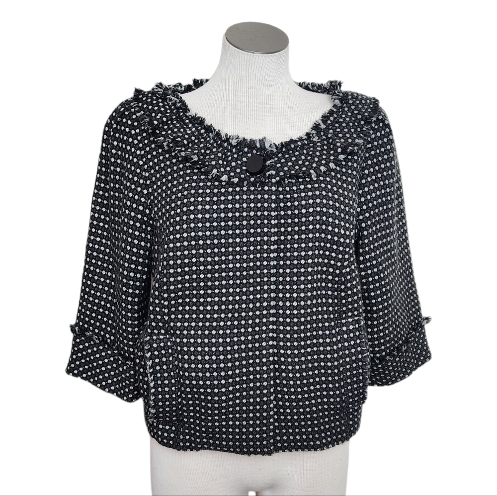 Mossimo Tweed Fringe Black & White Round Collar 3/4 Sleeve Women's Jacket Size L